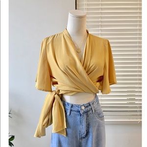 Women Yellow Wrapped Top Deep V Size S
